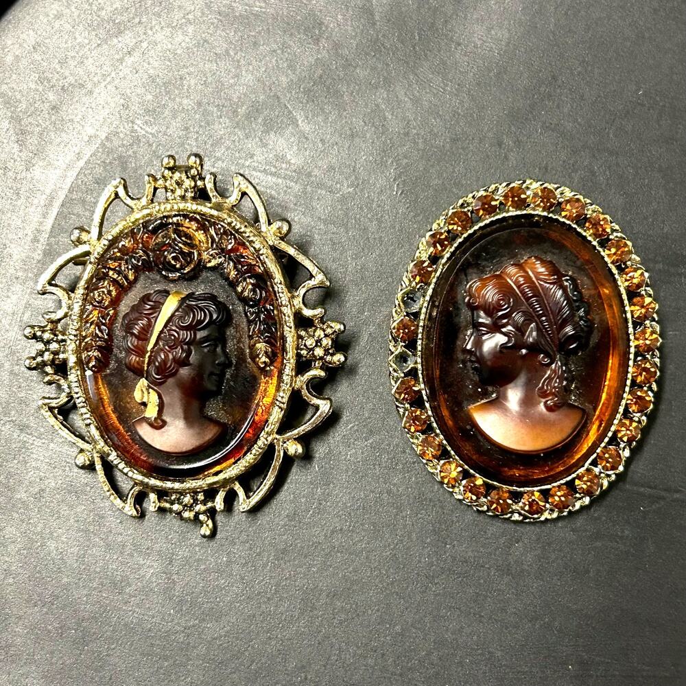 Vintage Faux Tortoise Shell Cameo‎ Gold Toned Brooch Pendants Lot of 2